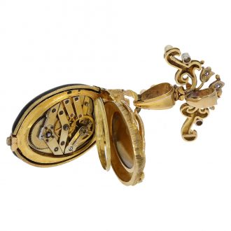 Swiss gold, enamel, pearl and diamond set scarab form watch Circa 1870