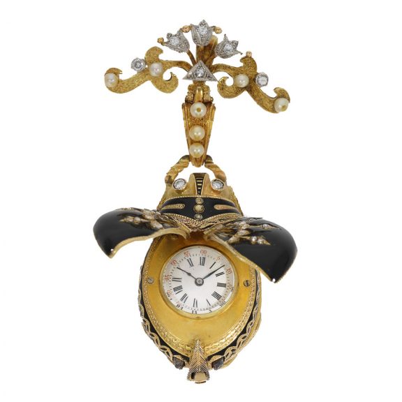 Swiss gold, enamel, pearl and diamond set scarab form watch Circa 1870