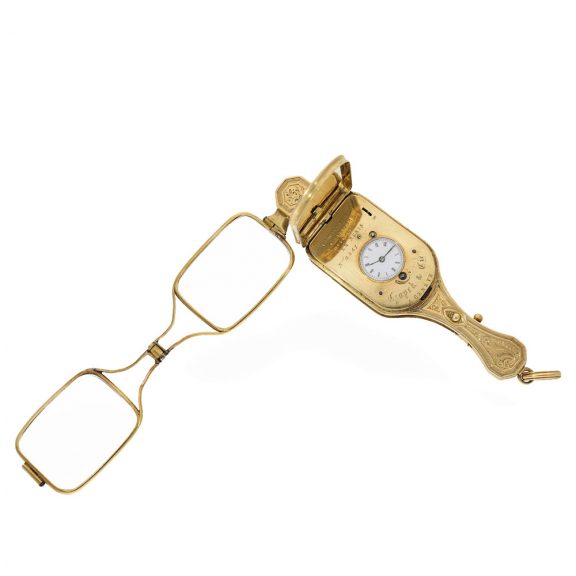 Swiss gold, enamel and diamond set lorgnette watch Circa 1848 Swiss gold, enamel and diamond set lorgnette watch Circa 1848