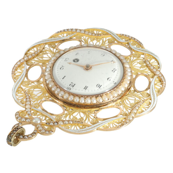 Swiss 18 carat gold gold and enamel pendant watch Circa 1780 Swiss 18 carat gold gold and enamel pendant watch Circa 1780