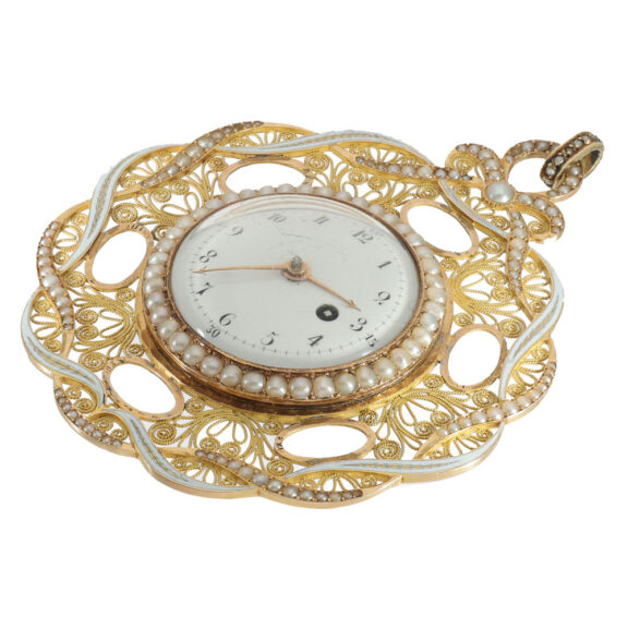 Swiss 18 carat gold gold and enamel pendant watch Circa 1780 Swiss 18 carat gold gold and enamel pendant watch Circa 1780