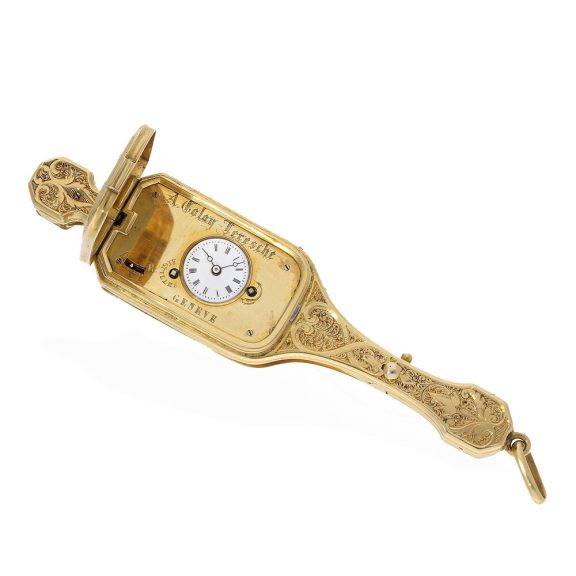 Fine Swiss 18 carat gold lorgnette with concealed watch Circa 1850