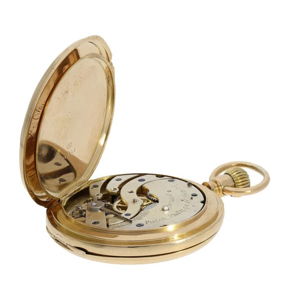 Swiss gold hunting case pocket watch in a rare version Circa 1884 Swiss gold hunting case pocket watch in a rare version Circa 1884