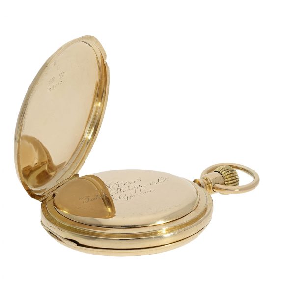 Swiss gold hunting case pocket watch in a rare version Circa 1884 Swiss gold hunting case pocket watch in a rare version Circa 1884