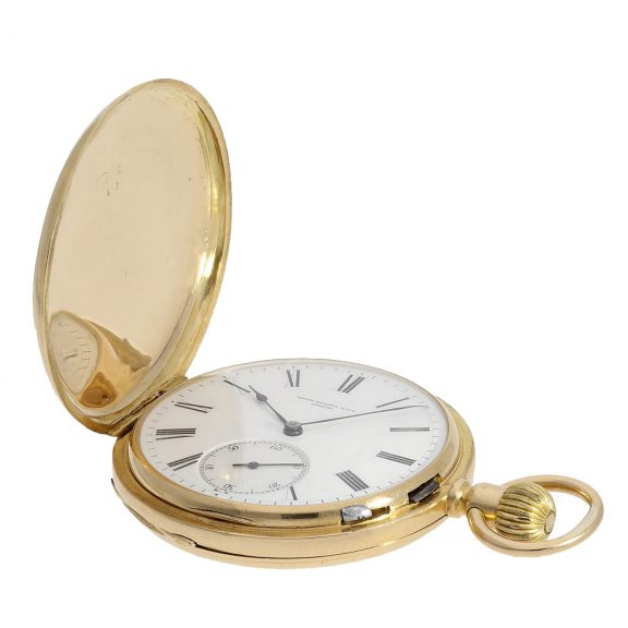 Swiss gold hunting case pocket watch in a rare version Circa 1884 Swiss gold hunting case pocket watch in a rare version Circa 1884