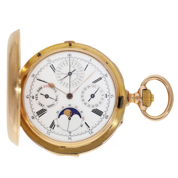 French 18 carat gold watch with eight complications Circa 1891