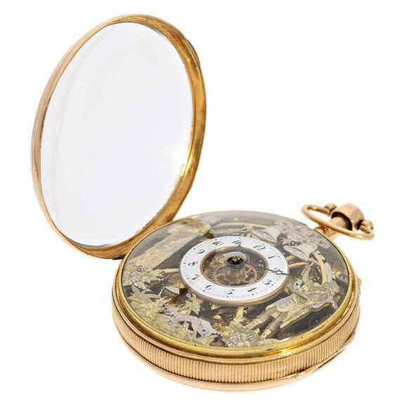 Gold skeletonized repeater with figured automaton Circa 1810 Gold skeletonized repeater with figured automaton Circa 1810
