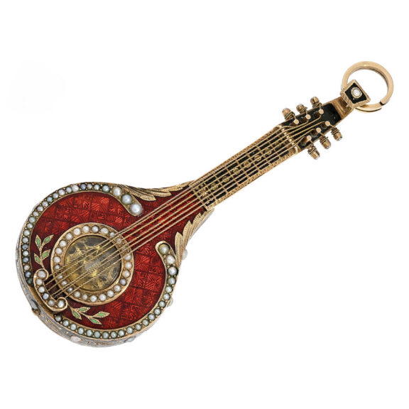 Austrian exquisite gold enamel mandolin form watch Circa 1800 Austrian exquisite gold enamel mandolin form watch Circa 1800