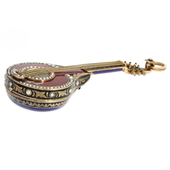 Austrian exquisite gold enamel mandolin form watch Circa 1800 Austrian exquisite gold enamel mandolin form watch Circa 1800