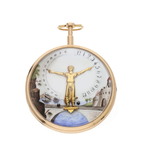 Swiss 18K gold bras en l'air verge pocket watch Circa 1800