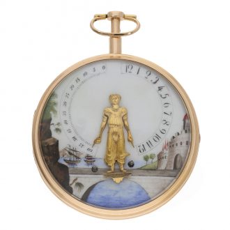 Swiss 18K gold bras en l'air verge pocket watch Circa 1800