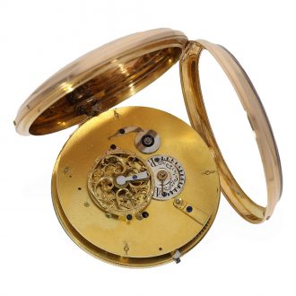 Swiss 18K gold bras en l'air verge pocket watch Circa 1800