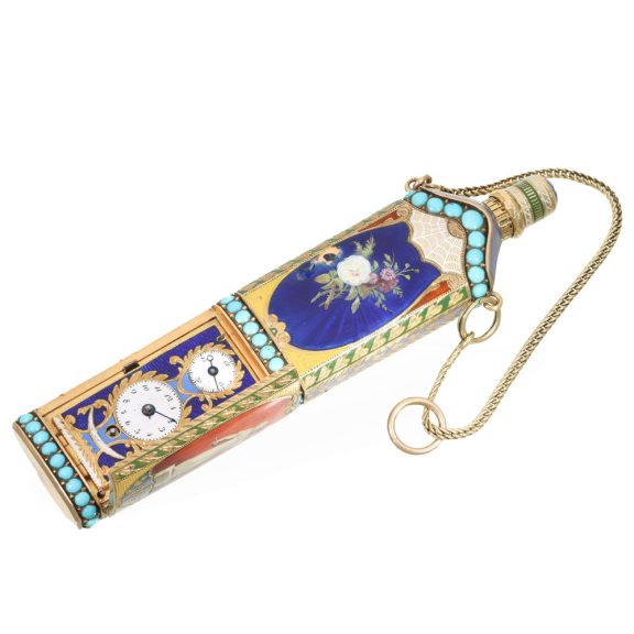 Swiss 18 carat gold and enamel perfume flasks with watch Circa 1810