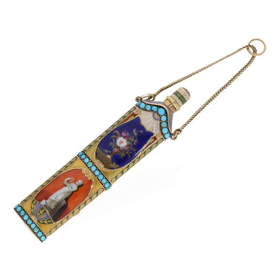 Swiss 18 carat gold and enamel perfume flasks with watch Circa 1810 Swiss 18 carat gold and enamel perfume flasks with watch Circa 1810