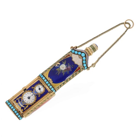 Swiss 18 carat gold and enamel perfume flasks with watch Circa 1810 Swiss 18 carat gold and enamel perfume flasks with watch Circa 1810