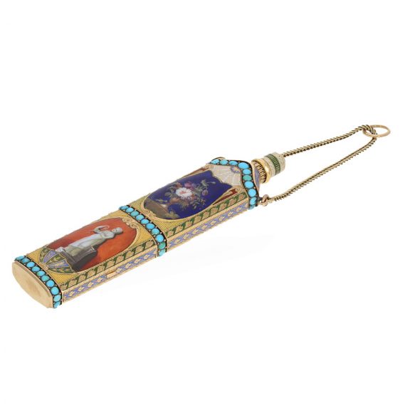 Swiss 18 carat gold and enamel perfume flasks with watch Circa 1810 Swiss 18 carat gold and enamel perfume flasks with watch Circa 1810