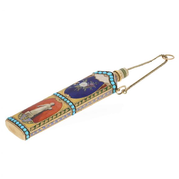 Swiss 18 carat gold and enamel perfume flasks with watch Circa 1810 Swiss 18 carat gold and enamel perfume flasks with watch Circa 1810