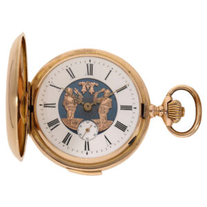 Swiss 18 carat gold full hunter case watch with automaton Circa 1890Swiss 18 carat gold full hunter case watch with automaton Circa 1890