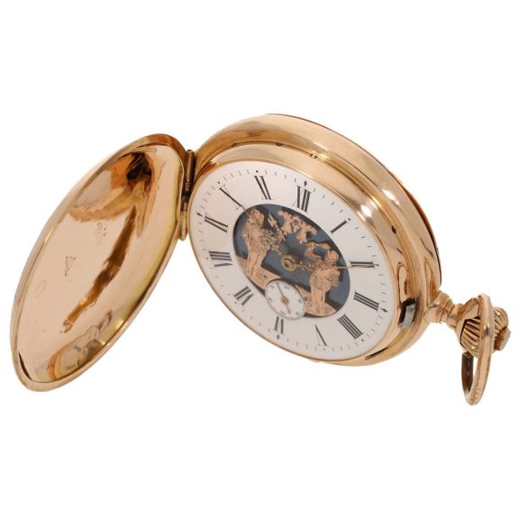 Swiss 18 carat gold full hunter case watch with automaton Circa 1890 Swiss 18 carat gold full hunter case watch with automaton Circa 1890