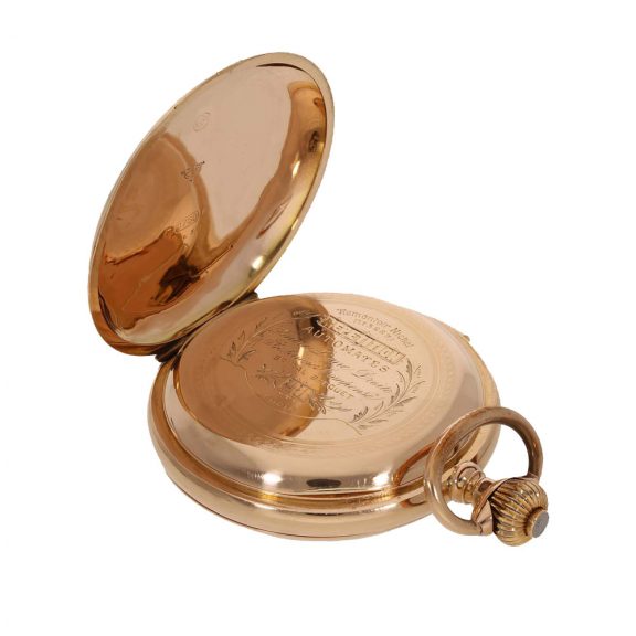 Swiss 18 carat gold full hunter case watch with automaton Circa 1890 Swiss 18 carat gold full hunter case watch with automaton Circa 1890