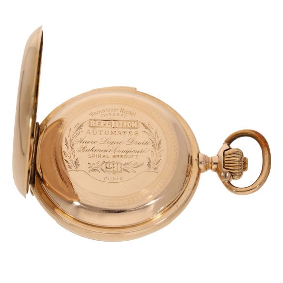 Swiss 18 carat gold full hunter case watch with automaton Circa 1890 Swiss 18 carat gold full hunter case watch with automaton Circa 1890
