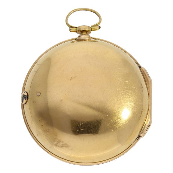 The double open faced plain case is made of 18 Carat gold with identical hallmarks from 1759 and a master's mark PM The double open faced plain case is made of 18 Carat gold with identical hallmarks from 1759 and a master's mark PM