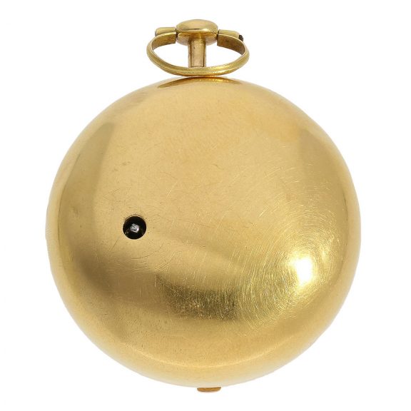 The double open faced plain case is made of 18 Carat gold with identical hallmarks from 1759 and a master's mark PM The double open faced plain case is made of 18 Carat gold with identical hallmarks from 1759 and a master's mark PM