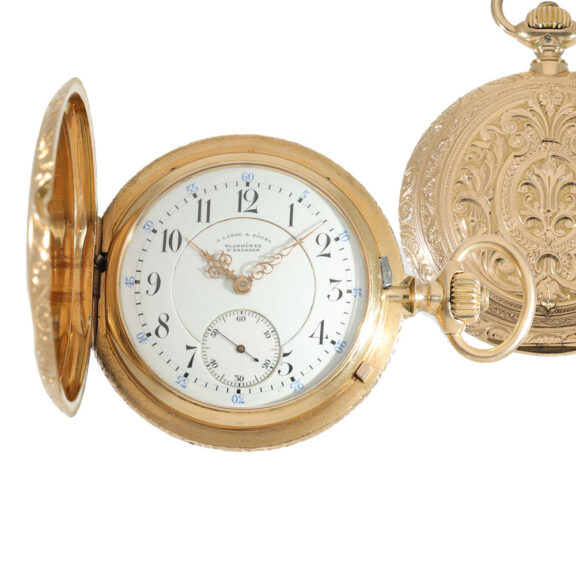 German 18 carat gold ornately designed hunter case pocket watch Circa 1898 German 18 carat gold ornately designed hunter case pocket watch Circa 1898