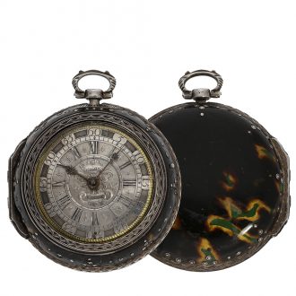 Large English double cased verge clock with rock crystal bridge Circa 1700 Large English double cased verge clock with rock crystal bridge Circa 1700