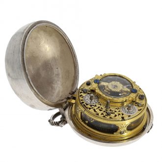 Large English double cased verge clock with rock crystal bridge Circa 1700 Large English double cased verge clock with rock crystal bridge Circa 1700
