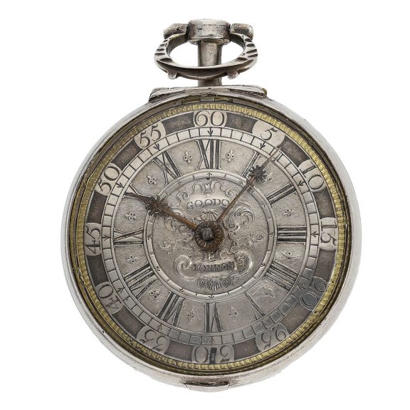 Large English double cased verge clock with rock crystal bridge Circa 1700 Large English double cased verge clock with rock crystal bridge Circa 1700