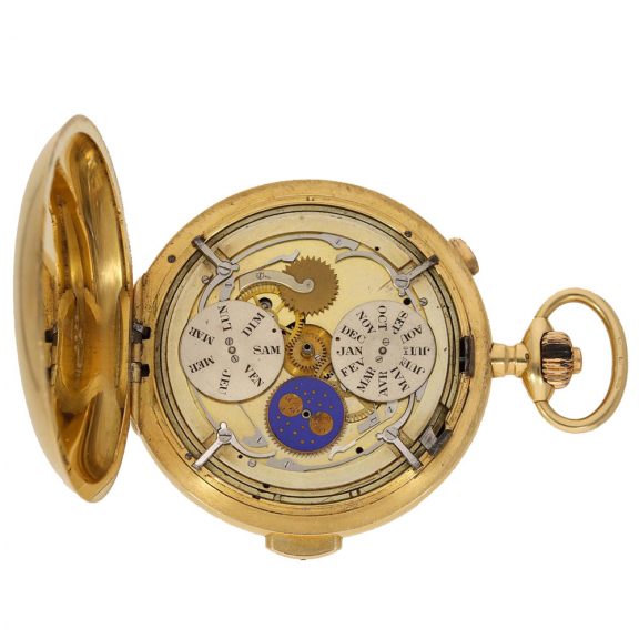 18 Carat gold astronomical hunter cased watch with six complications Circa 1900 18 Carat gold astronomical hunter cased watch with six complications Circa 1900