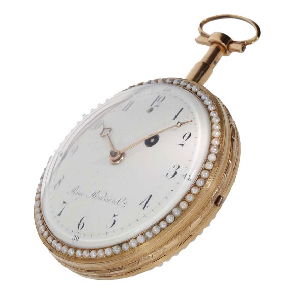 Swiss 18 gold and enamel watch with pearl setting Circa 1800 Swiss 18 gold and enamel watch with pearl setting Circa 1800