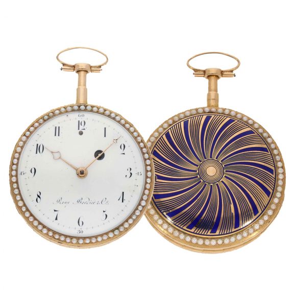 Swiss 18 gold and enamel watch with pearl setting Circa 1800 Swiss 18 gold and enamel watch with pearl setting Circa 1800