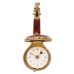 Swiss 18 carat gold and enamel mandolin form watch Circa 1810
