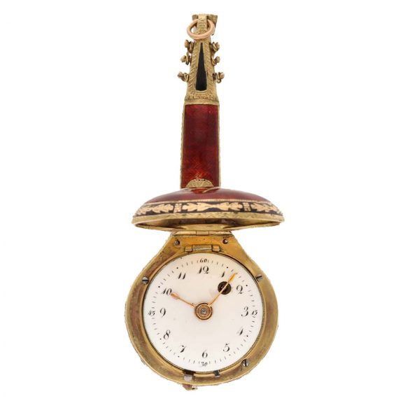 Swiss 18 carat gold and enamel mandolin form watch Circa 1810