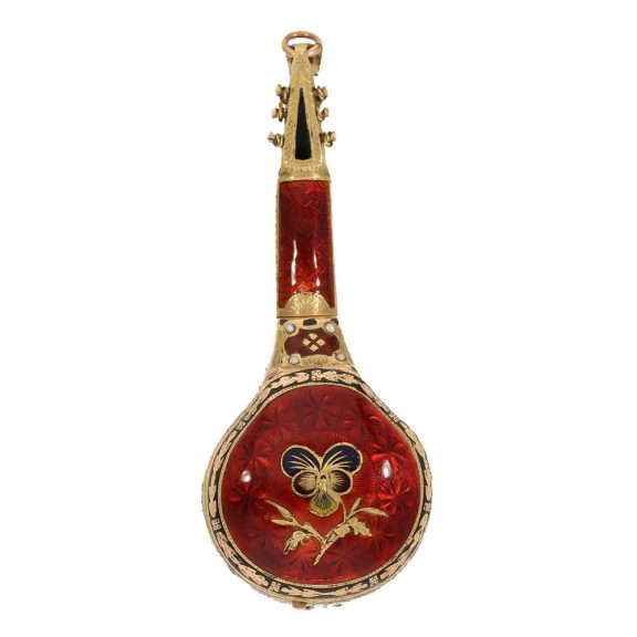 Swiss 18 carat gold and enamel mandolin form watch Circa 1810 Swiss 18 carat gold and enamel mandolin form watch Circa 1810