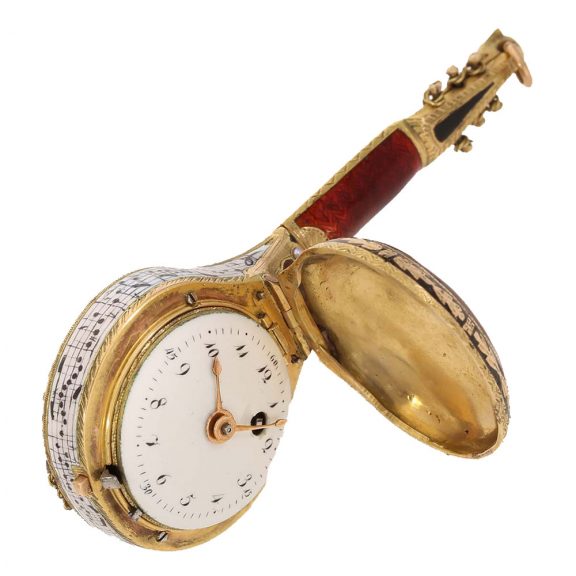 Swiss 18 carat gold and enamel mandolin form watch Circa 1810 Swiss 18 carat gold and enamel mandolin form watch Circa 1810