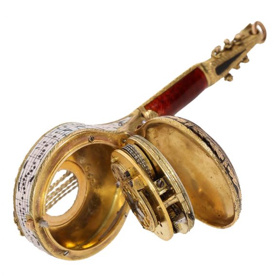 Swiss 18 carat gold and enamel mandolin form watch Circa 1810 Swiss 18 carat gold and enamel mandolin form watch Circa 1810