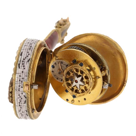 Swiss 18 carat gold and enamel mandolin form watch Circa 1810 Swiss 18 carat gold and enamel mandolin form watch Circa 1810