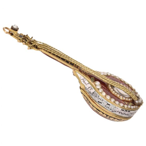 Swiss 18 carat gold and enamel mandolin form watch Circa 1810 Swiss 18 carat gold and enamel mandolin form watch Circa 1810