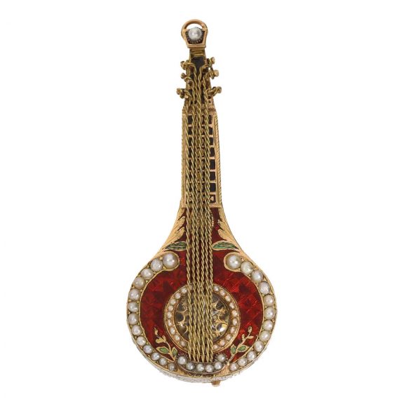 Swiss 18 carat gold and enamel mandolin form watch Circa 1810 Swiss 18 carat gold and enamel mandolin form watch Circa 1810
