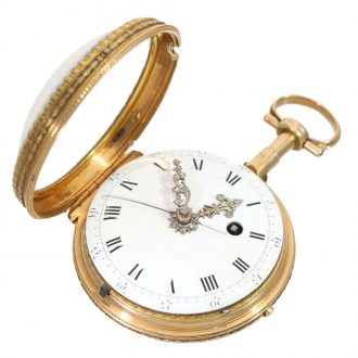 Swiss gold and enamel cylinder watch with stoppable center seconds Circa 1780