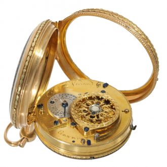Swiss gold and enamel cylinder watch with stoppable center seconds Circa 1780