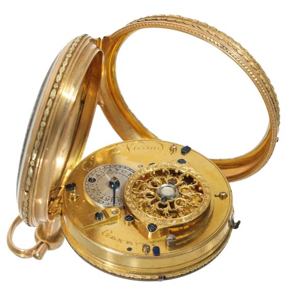 Swiss gold and enamel cylinder watch with stoppable center seconds Circa 1780 Swiss gold and enamel cylinder watch with stoppable center seconds Circa 1780