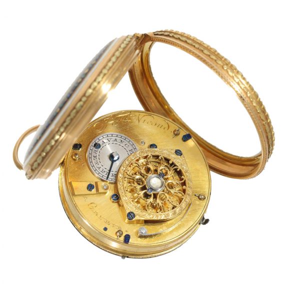 Swiss gold and enamel cylinder watch with stoppable center seconds Circa 1780 Swiss gold and enamel cylinder watch with stoppable center seconds Circa 1780