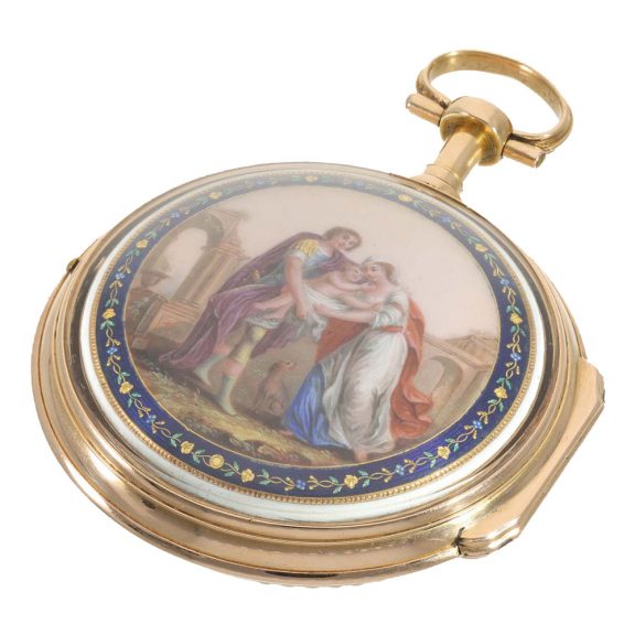 Swiss gold and enamel cylinder watch with stoppable center seconds Circa 1780 Swiss gold and enamel cylinder watch with stoppable center seconds Circa 1780
