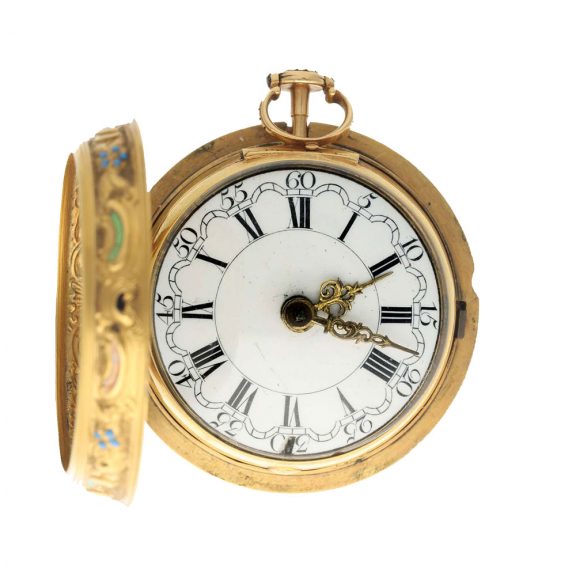 English gold repoussé verge watch with enamel case Circa 1762 English gold repoussé verge watch with enamel case Circa 1762