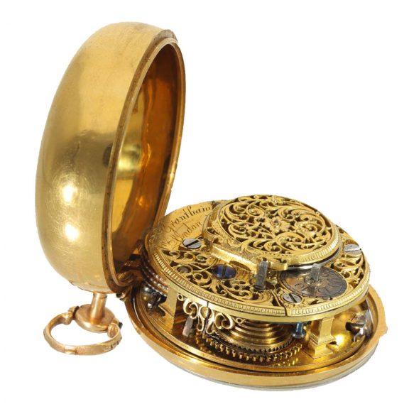 English gold repoussé verge watch with enamel case Circa 1762 English gold repoussé verge watch with enamel case Circa 1762