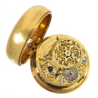 English gold repoussé verge watch with enamel case Circa 1762